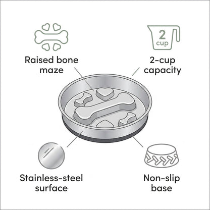Stainless Steel Slow Feeder Bowl – 2-Cup Bone Maze Bowl for Dogs & Cats