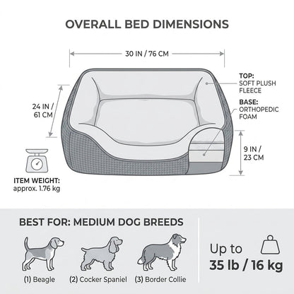 Orthopedic Rectangle Dog Bed – 30" Medium Washable Pet Bed with Raised Bolsters (Grey)
