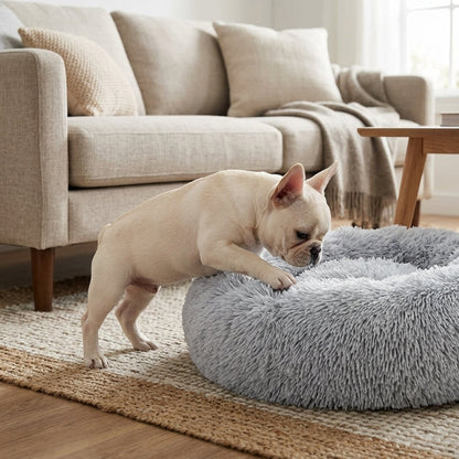 Calming Donut Pet Bed – 20" Plush Bed for Small Dogs & Cats (Light Grey)
